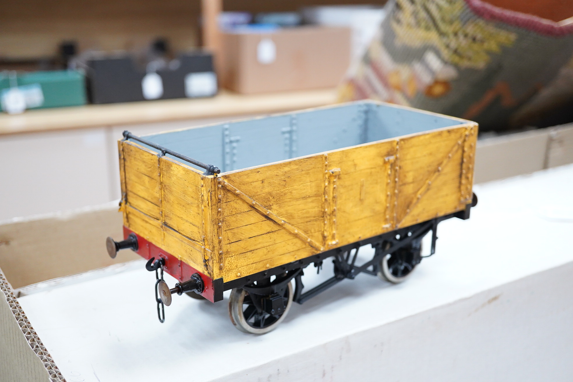 Six Gauge 3 model Railway freight wagons; 3 flats and 3 opens all built from Mike Williams resin kits, well constructed and painted to a reasonable standard with some weathering, etc.